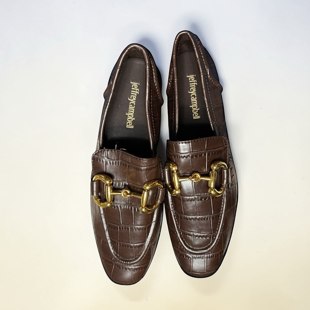 🌻NEW Jeffrey Campbell Velviteen Brown Leather Croc Bit Loafers Women's Size 5.5